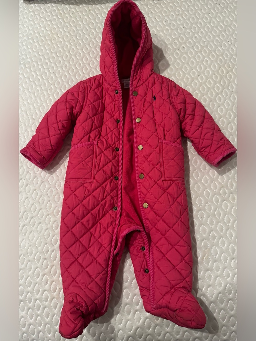 Ralph Lauren Quilted Hooded Baby One-Piece in Hot Pink